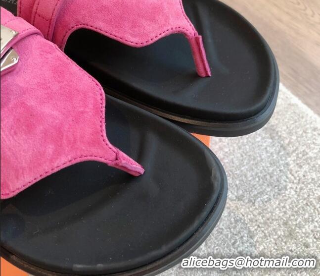 Top Design Hermes Empire Thong Slide Sandal in Suede with Kelly Buckle Dark Pink 703021