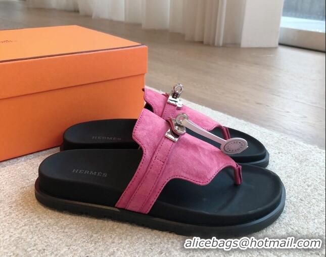 Top Design Hermes Empire Thong Slide Sandal in Suede with Kelly Buckle Dark Pink 703021