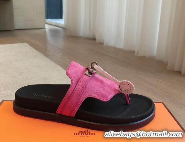 Top Design Hermes Empire Thong Slide Sandal in Suede with Kelly Buckle Dark Pink 703021