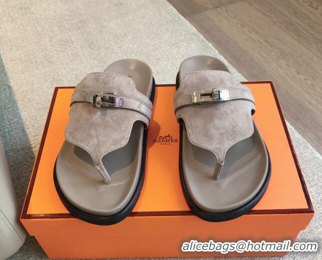 Cheap Price Hermes Empire Thong Slide Sandal in Suede with Kelly Buckle Grey 703022