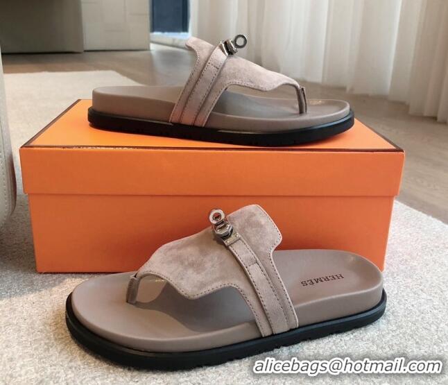 Cheap Price Hermes Empire Thong Slide Sandal in Suede with Kelly Buckle Grey 703022