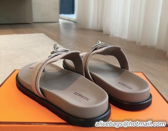 Cheap Price Hermes Empire Thong Slide Sandal in Suede with Kelly Buckle Grey 703022