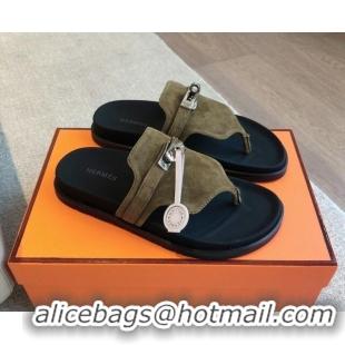 Luxurious Hermes Empire Thong Slide Sandal in Suede with Kelly Buckle Khaki Green 703023