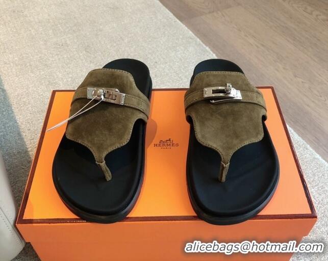 Luxurious Hermes Empire Thong Slide Sandal in Suede with Kelly Buckle Khaki Green 703023