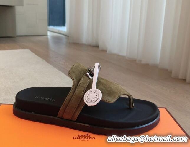 Luxurious Hermes Empire Thong Slide Sandal in Suede with Kelly Buckle Khaki Green 703023