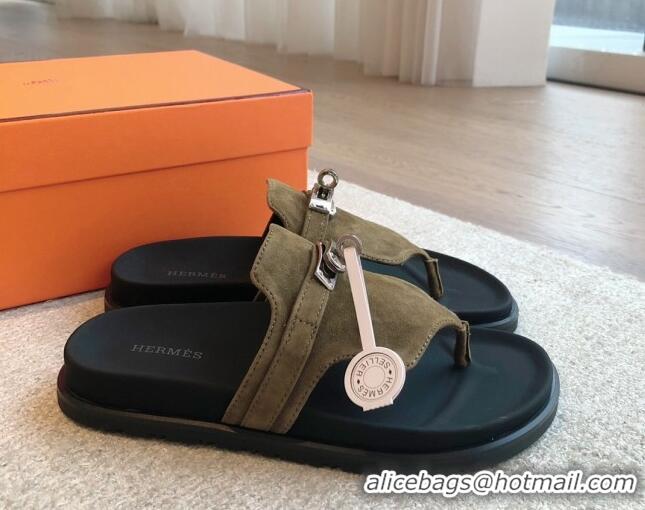 Luxurious Hermes Empire Thong Slide Sandal in Suede with Kelly Buckle Khaki Green 703023