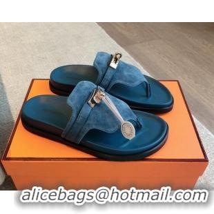 Unique Style Hermes Empire Thong Slide Sandal in Suede with Kelly Buckle Dark Blue 703024