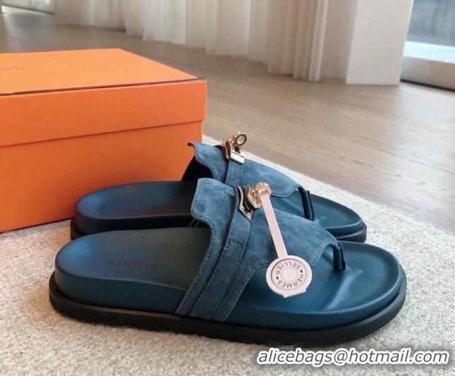 Unique Style Hermes Empire Thong Slide Sandal in Suede with Kelly Buckle Dark Blue 703024