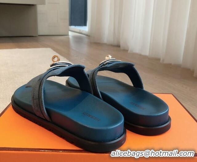 Unique Style Hermes Empire Thong Slide Sandal in Suede with Kelly Buckle Dark Blue 703024