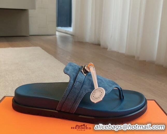 Unique Style Hermes Empire Thong Slide Sandal in Suede with Kelly Buckle Dark Blue 703024