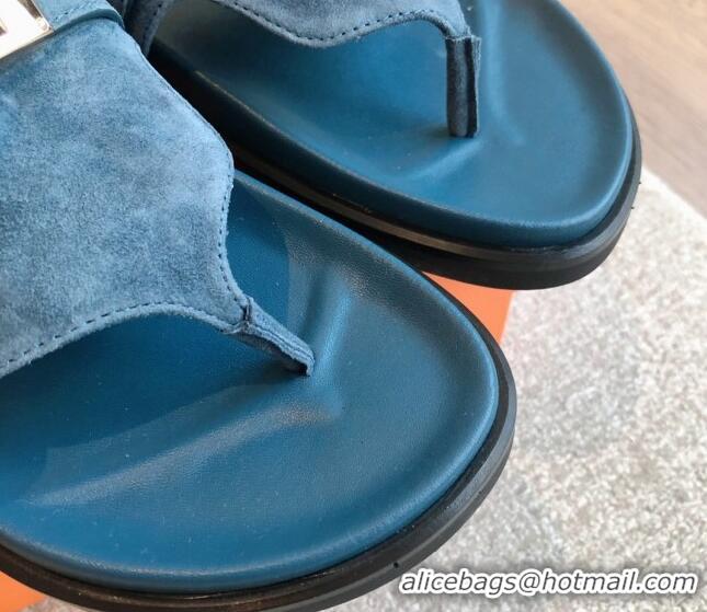 Unique Style Hermes Empire Thong Slide Sandal in Suede with Kelly Buckle Dark Blue 703024