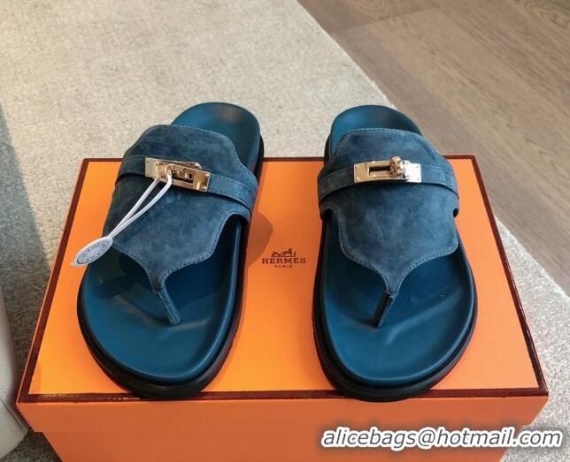 Unique Style Hermes Empire Thong Slide Sandal in Suede with Kelly Buckle Dark Blue 703024