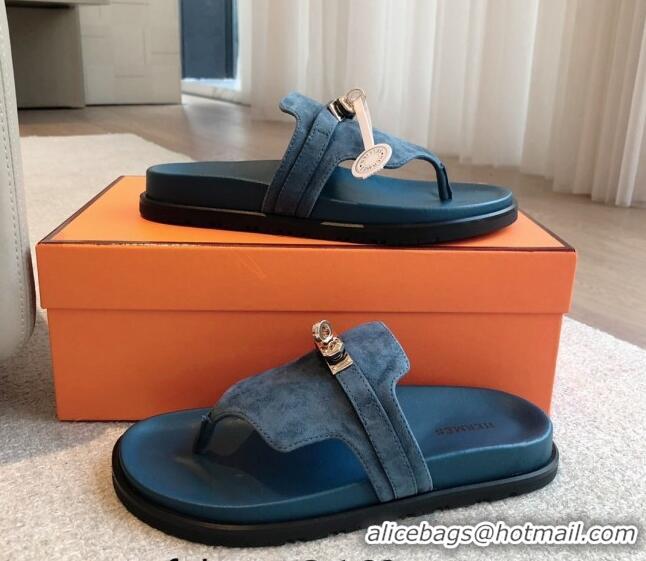 Unique Style Hermes Empire Thong Slide Sandal in Suede with Kelly Buckle Dark Blue 703024