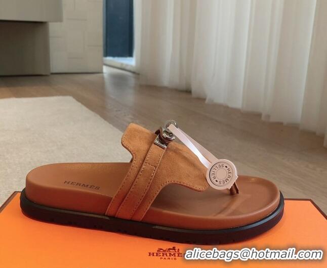 Grade Quality Hermes Empire Thong Slide Sandal in Suede with Kelly Buckle Brown 703025