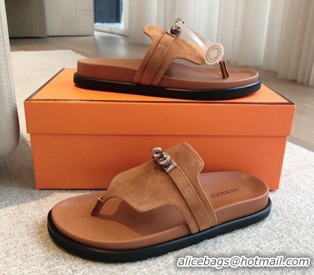 Grade Quality Hermes Empire Thong Slide Sandal in Suede with Kelly Buckle Brown 703025