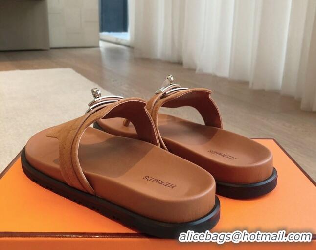 Grade Quality Hermes Empire Thong Slide Sandal in Suede with Kelly Buckle Brown 703025