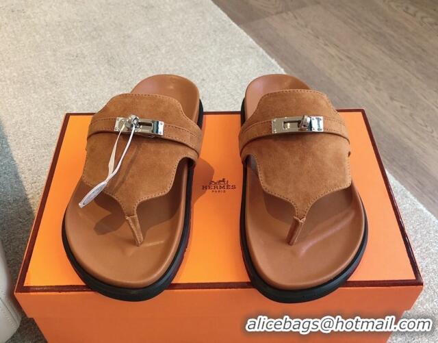 Grade Quality Hermes Empire Thong Slide Sandal in Suede with Kelly Buckle Brown 703025