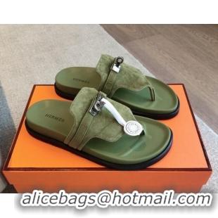 Durable Hermes Empire Thong Slide Sandal in Suede with Kelly Buckle Green 703026