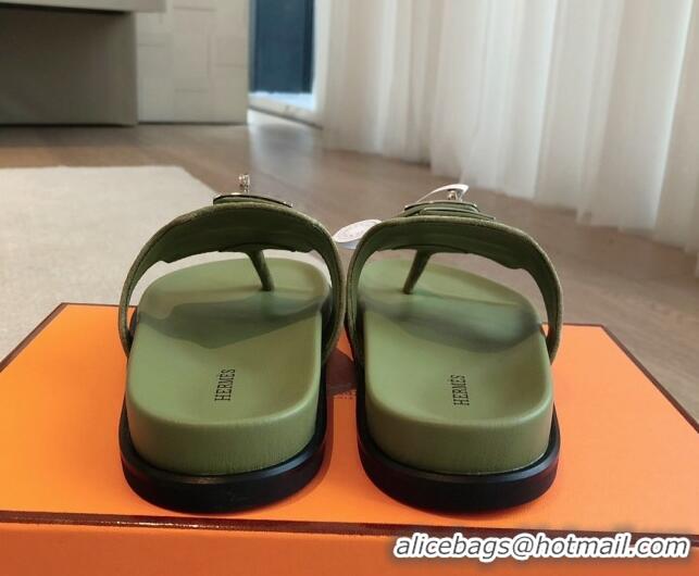 Durable Hermes Empire Thong Slide Sandal in Suede with Kelly Buckle Green 703026