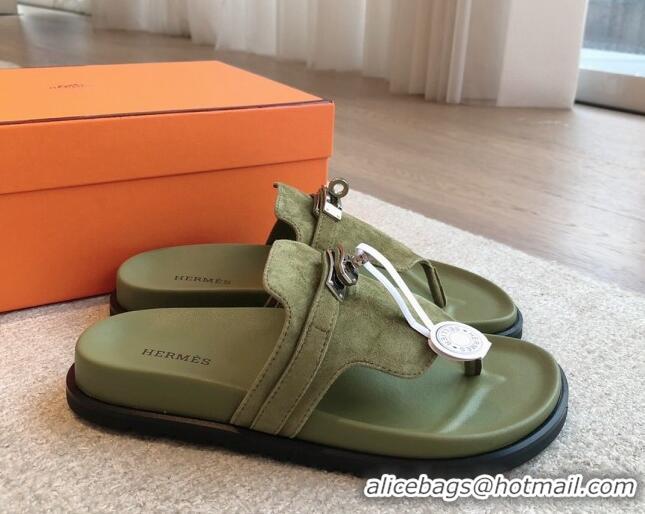 Durable Hermes Empire Thong Slide Sandal in Suede with Kelly Buckle Green 703026