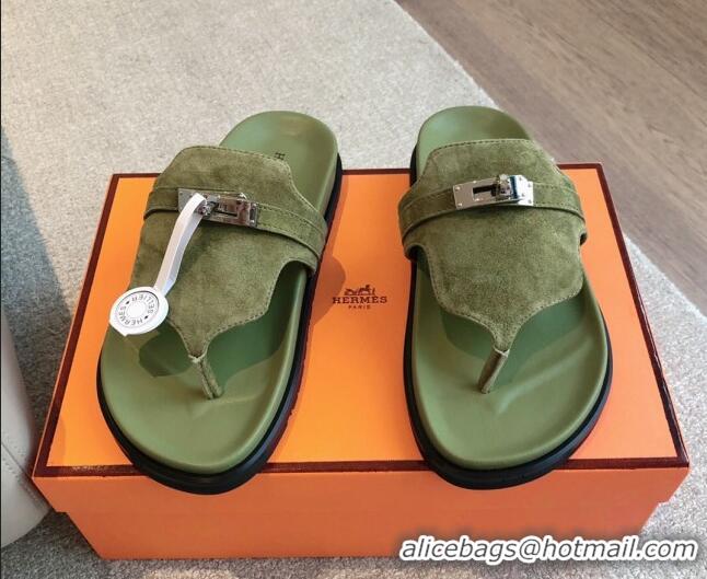 Durable Hermes Empire Thong Slide Sandal in Suede with Kelly Buckle Green 703026