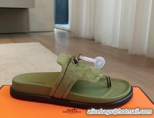 Durable Hermes Empire Thong Slide Sandal in Suede with Kelly Buckle Green 703026