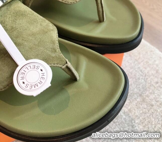 Durable Hermes Empire Thong Slide Sandal in Suede with Kelly Buckle Green 703026