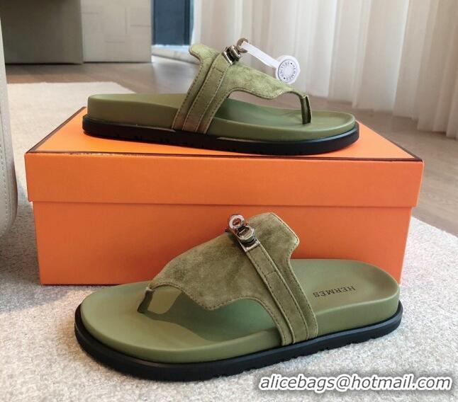 Durable Hermes Empire Thong Slide Sandal in Suede with Kelly Buckle Green 703026