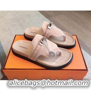 Feminine Hermes Empire Thong Slide Sandal in Suede with Kelly Buckle Nude Pink 703027