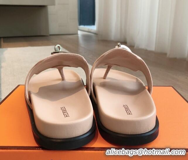 Feminine Hermes Empire Thong Slide Sandal in Suede with Kelly Buckle Nude Pink 703027