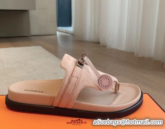 Feminine Hermes Empire Thong Slide Sandal in Suede with Kelly Buckle Nude Pink 703027