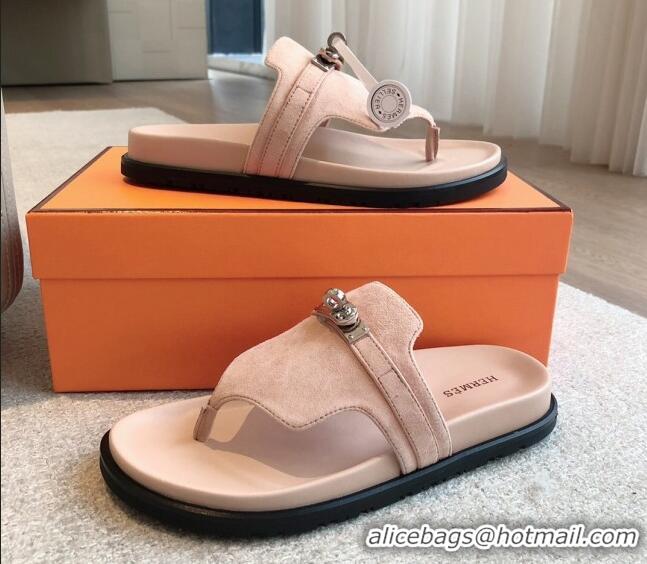 Feminine Hermes Empire Thong Slide Sandal in Suede with Kelly Buckle Nude Pink 703027