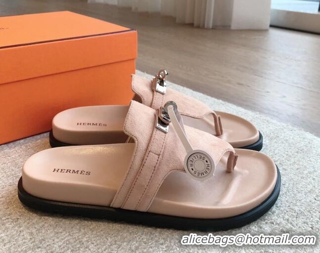 Feminine Hermes Empire Thong Slide Sandal in Suede with Kelly Buckle Nude Pink 703027