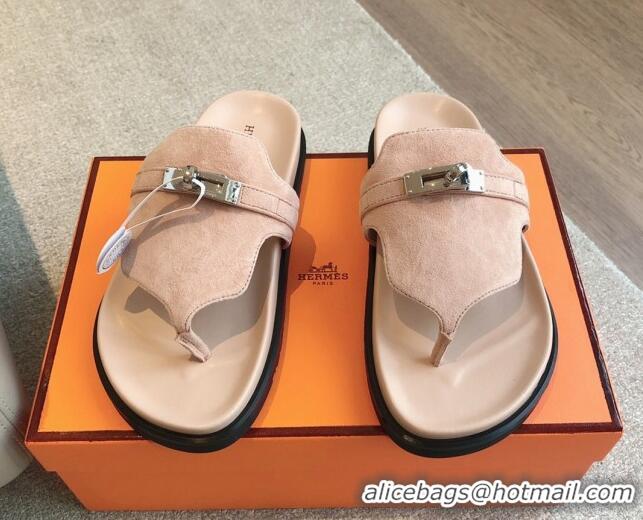 Feminine Hermes Empire Thong Slide Sandal in Suede with Kelly Buckle Nude Pink 703027