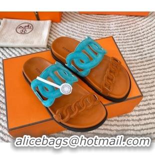 Good Quality Hermes Extra Suede Chain Flat Slide Sandals Blue/Brown 703031