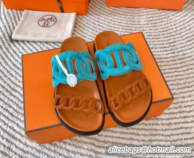 Good Quality Hermes Extra Suede Chain Flat Slide Sandals Blue/Brown 703031