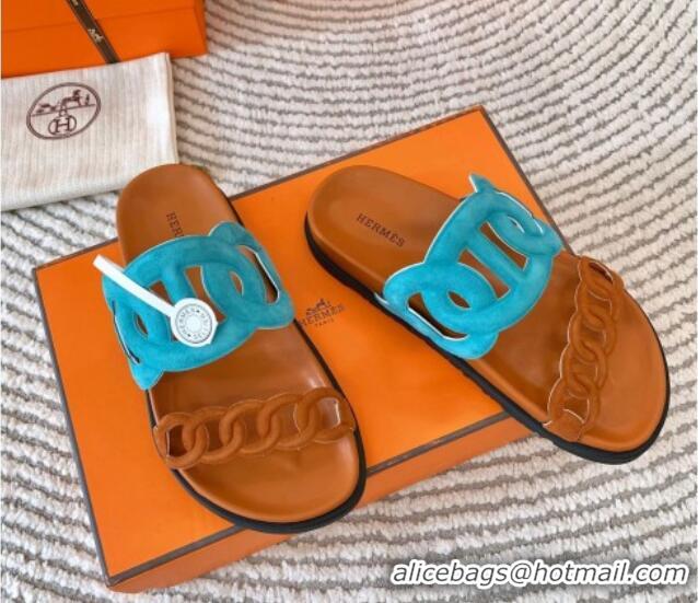 Good Quality Hermes Extra Suede Chain Flat Slide Sandals Blue/Brown 703031