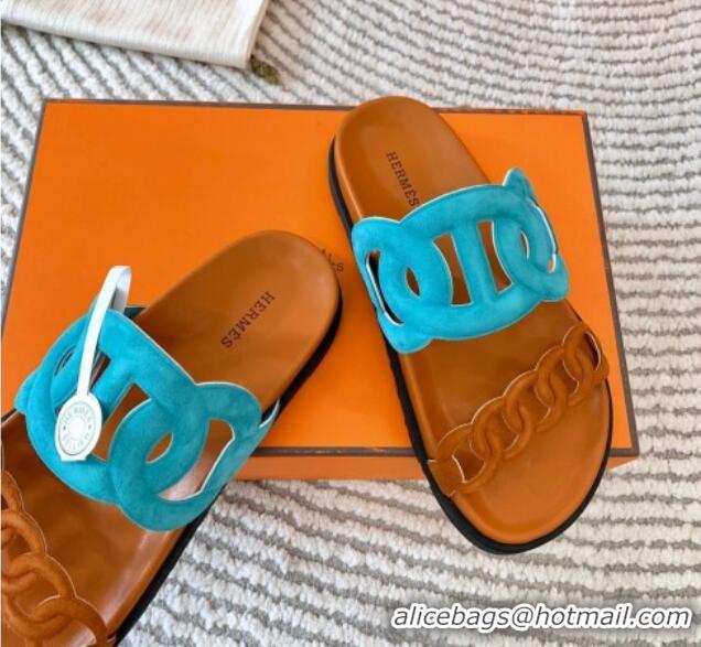 Good Quality Hermes Extra Suede Chain Flat Slide Sandals Blue/Brown 703031