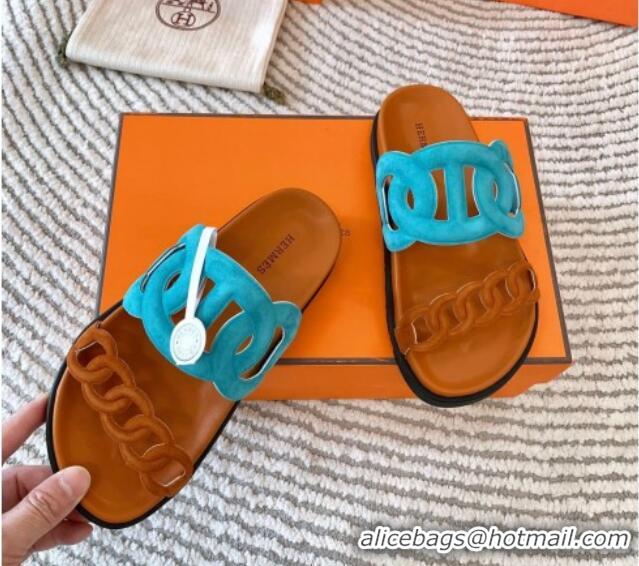 Good Quality Hermes Extra Suede Chain Flat Slide Sandals Blue/Brown 703031