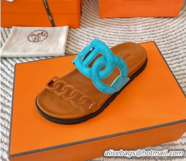 Good Quality Hermes Extra Suede Chain Flat Slide Sandals Blue/Brown 703031