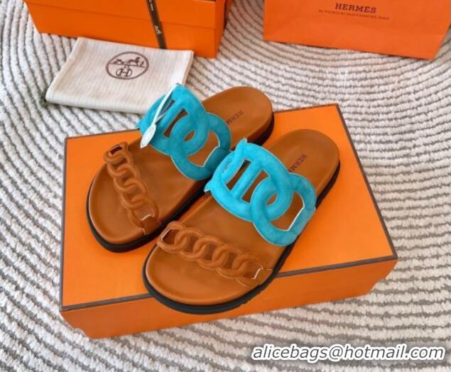 Good Quality Hermes Extra Suede Chain Flat Slide Sandals Blue/Brown 703031