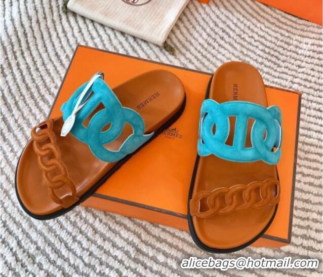 Good Quality Hermes Extra Suede Chain Flat Slide Sandals Blue/Brown 703031