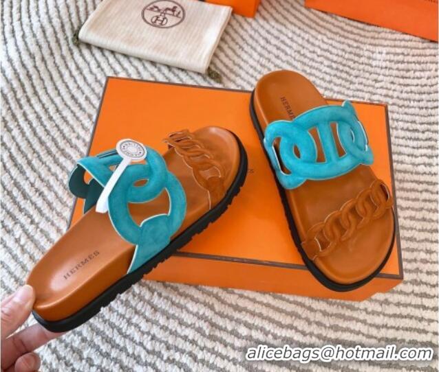 Good Quality Hermes Extra Suede Chain Flat Slide Sandals Blue/Brown 703031