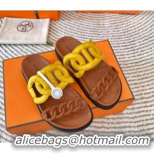 Popular Style Hermes Extra Suede Chain Flat Slide Sandals Yellow/Brown 703032