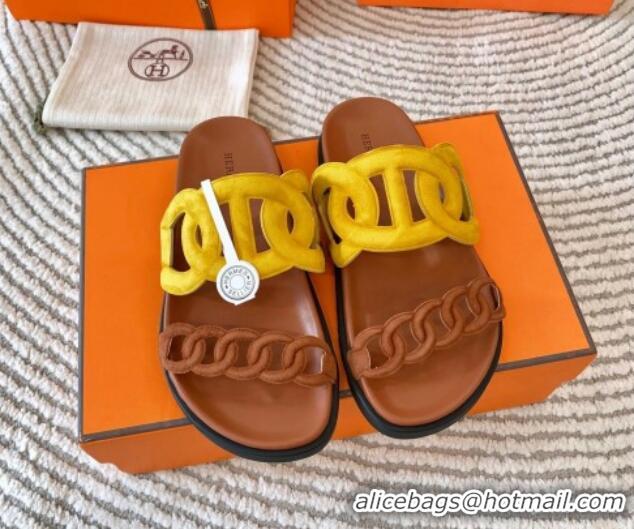 Popular Style Hermes Extra Suede Chain Flat Slide Sandals Yellow/Brown 703032