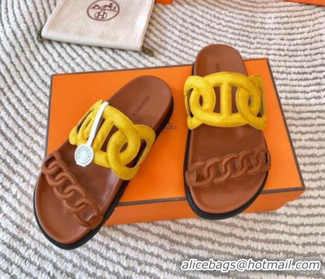 Popular Style Hermes Extra Suede Chain Flat Slide Sandals Yellow/Brown 703032