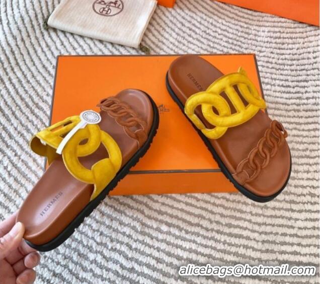 Popular Style Hermes Extra Suede Chain Flat Slide Sandals Yellow/Brown 703032