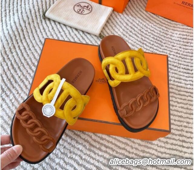 Popular Style Hermes Extra Suede Chain Flat Slide Sandals Yellow/Brown 703032