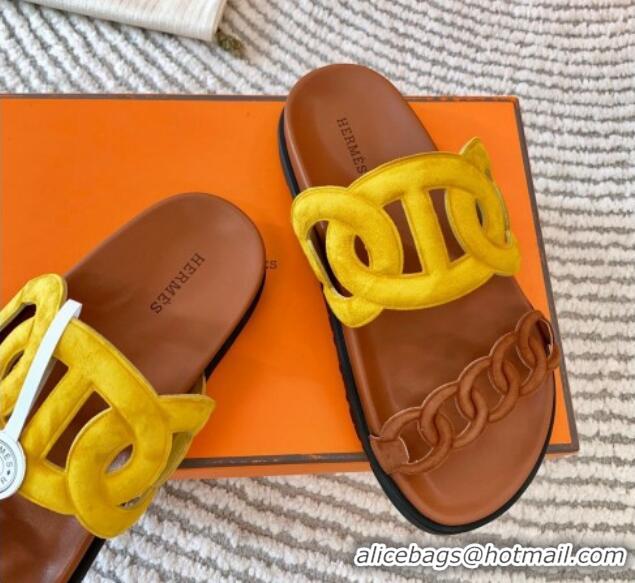 Popular Style Hermes Extra Suede Chain Flat Slide Sandals Yellow/Brown 703032