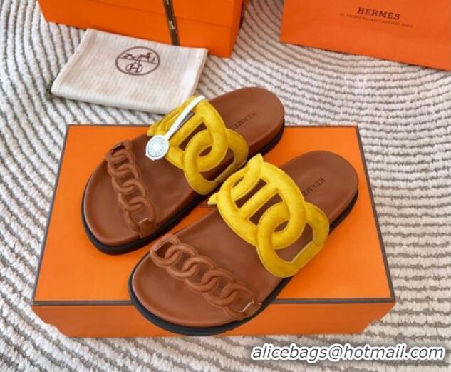 Popular Style Hermes Extra Suede Chain Flat Slide Sandals Yellow/Brown 703032